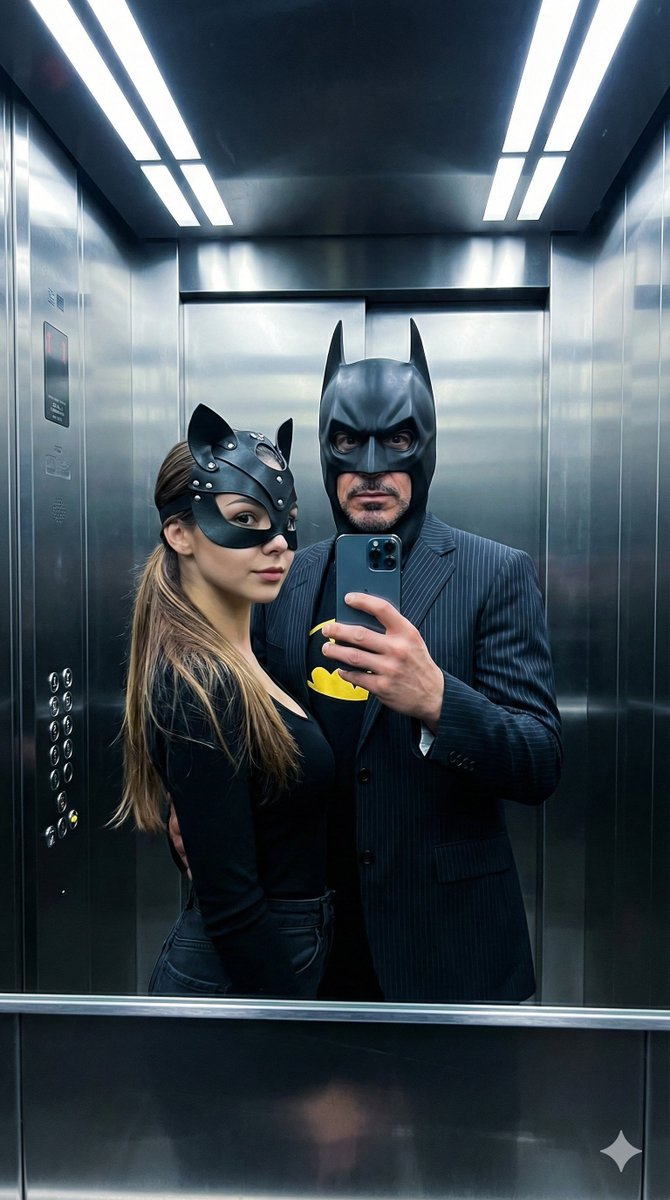 Cinematic Bat/Cat Couple Mirror Selfie with Identity Lock — Nano Banana Pro AI Generated Image