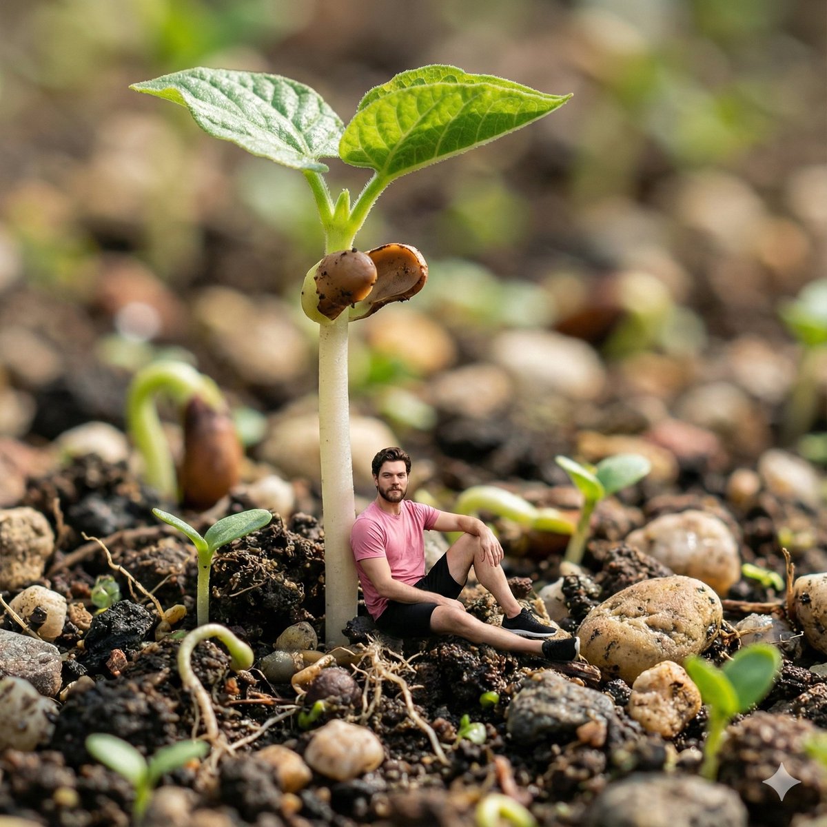 Surreal Macro-Fantasy: Tiny Man and Giant Bean Sprout — Nano Banana Pro AI Generated Image