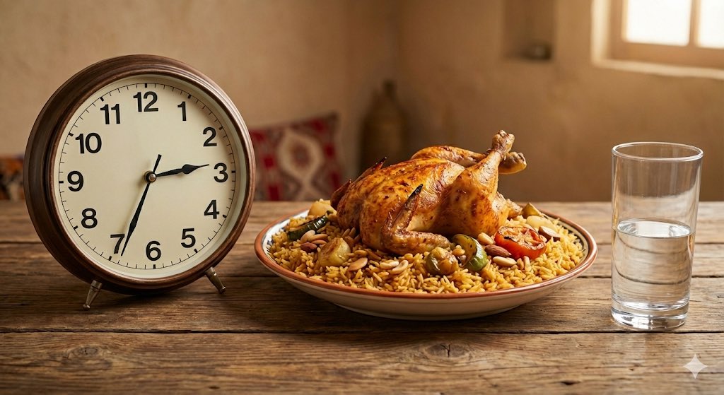 Analog clock and Saudi kabsa meal still life — Nano Banana Pro AI Generated Image