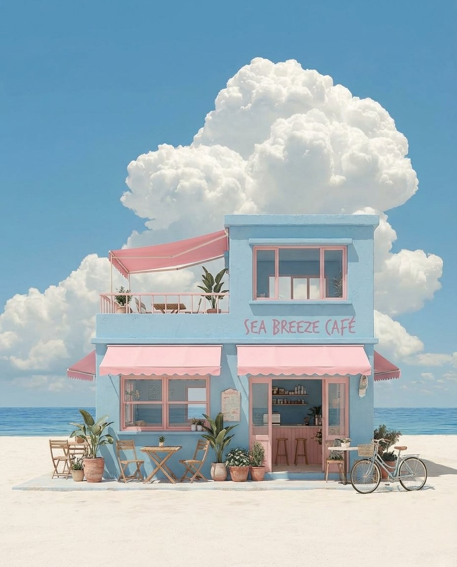 Pastel Coastal Building with Dramatic Cumulus Cloud Prompt — Nano Banana Pro AI Generated Image