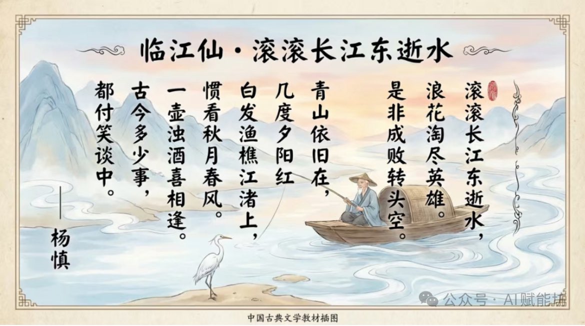 Textbook-style illustration for the poem “Linjiangxian” — Nano Banana Pro AI Generated Image