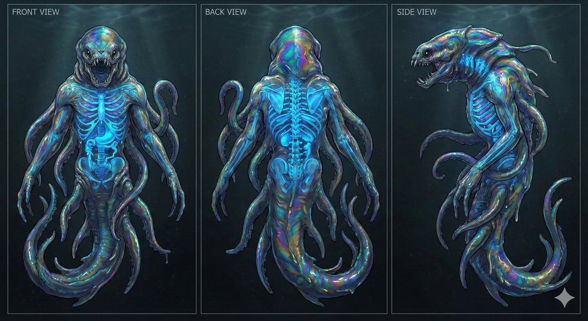 Character Sheet for Deep-Sea Creature with Bioluminescent Skeleton — Nano Banana Pro AI Generated Image
