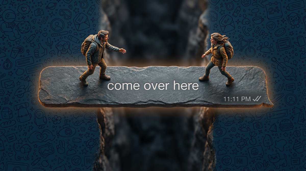 Hyper-realistic macro photography of tiny humans on a WhatsApp speech bubble bridge — Nano Banana Pro AI Generated Image