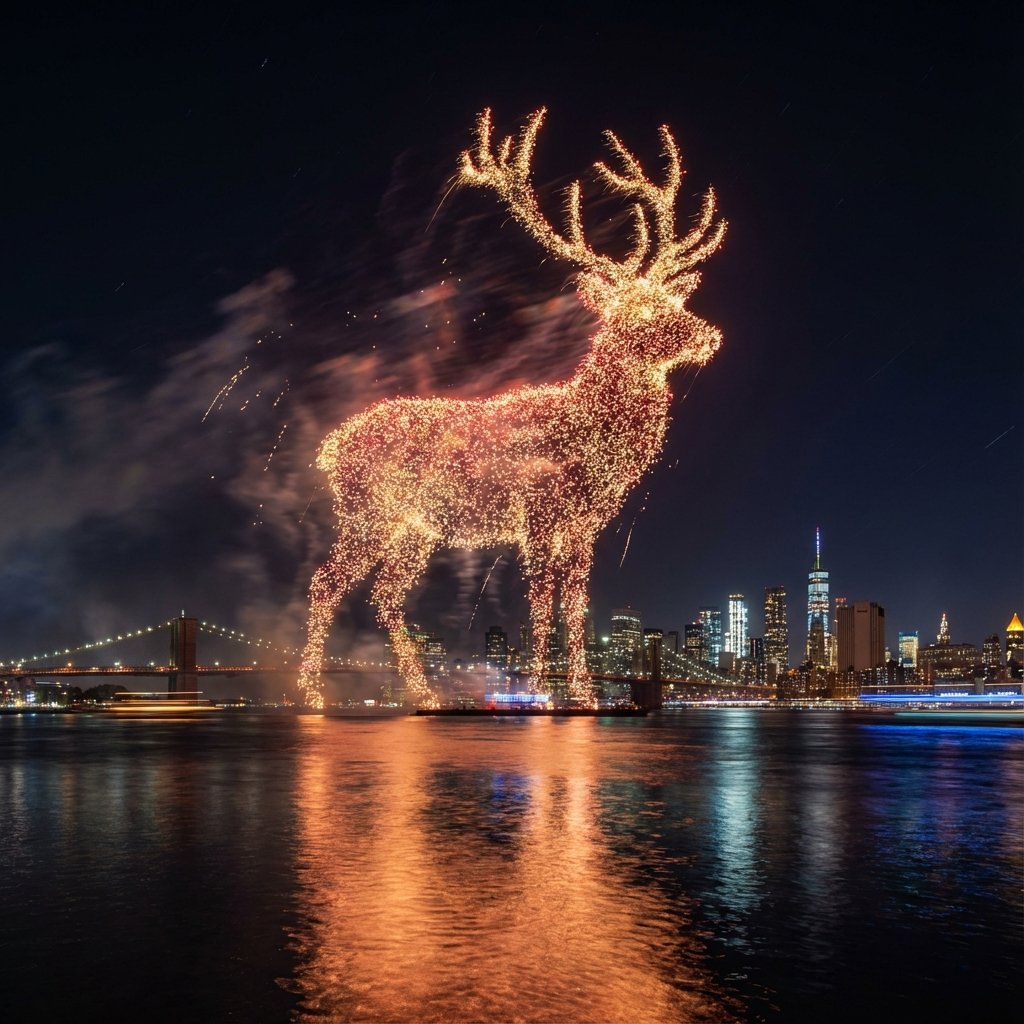 Santa Claus Fireworks over City Skyline — Nano Banana Pro AI Generated Image