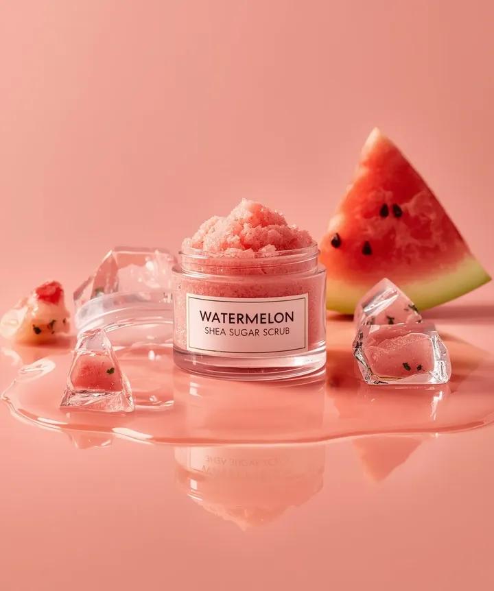 Hyper-photorealistic cosmetic skincare jar product shot with watermelon and ice cubes — Nano Banana Pro AI Generated Image