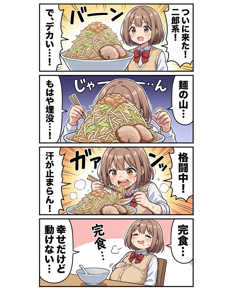 4-panel Japanese gag manga about Nanami eating ramen — Nano Banana Pro AI Generated Image