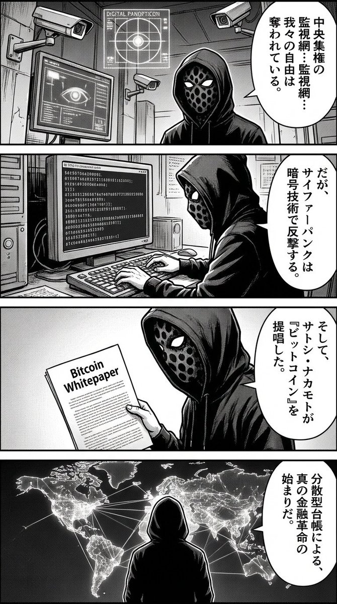 Four-panel manga about Bitcoin from cypherpunk view — Nano Banana Pro AI Generated Image