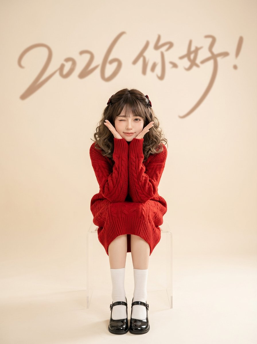 Chinese New Year Portrait with Red Knitwear and Minimalist Studio Look — Nano Banana Pro AI Generated Image