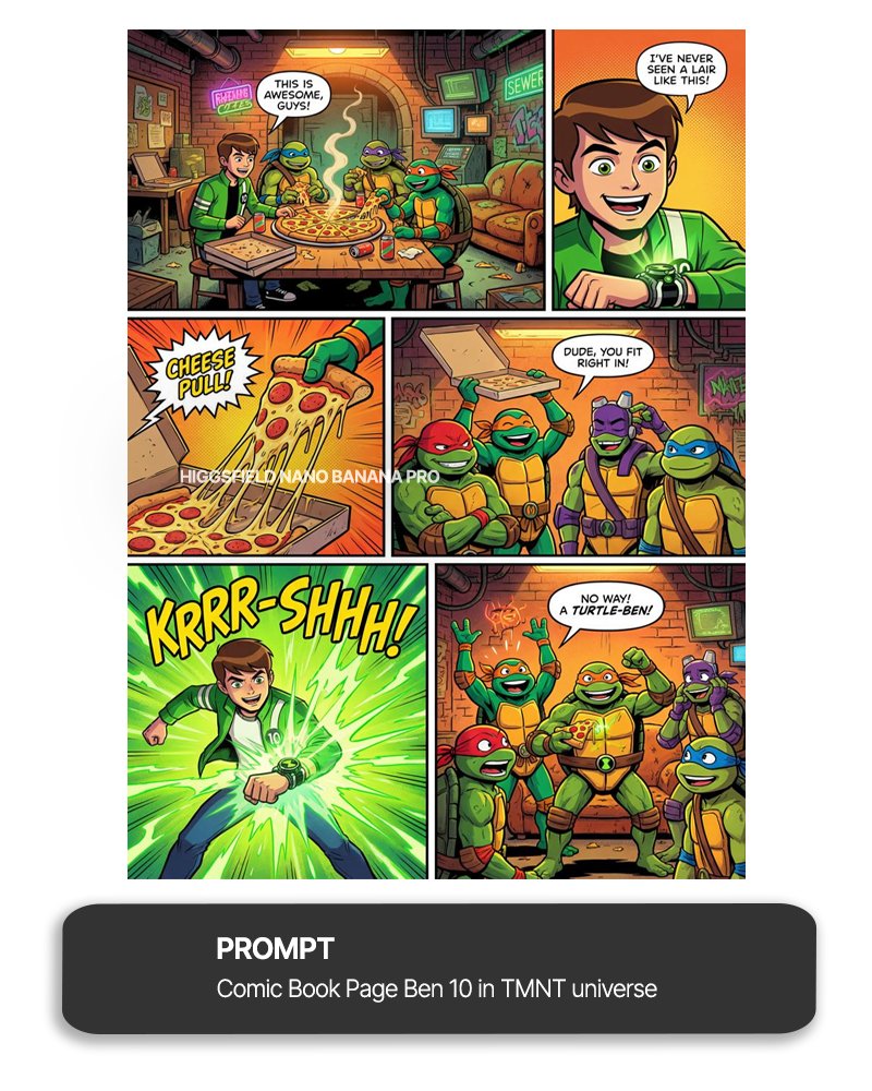 Ben 10 meets TMNT full comic page — Nano Banana Pro AI Generated Image
