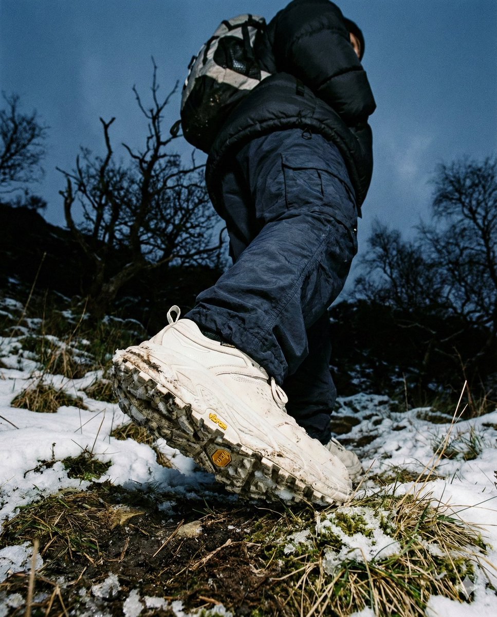 Gorpcore Editorial: Extreme Worm's-Eye View of Hiking Boot — Nano Banana Pro AI Generated Image