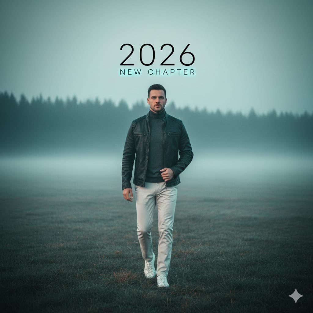 Cinematic Portrait: Man Walking in Foggy Meadow with Typography — Nano Banana Pro AI Generated Image