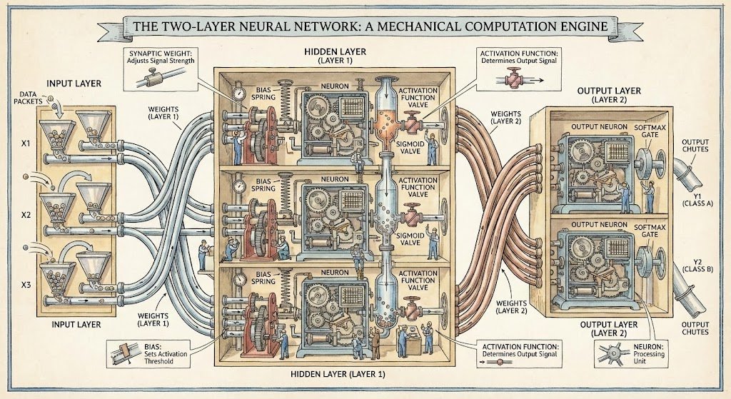 Two-layer neural network diagram in Stephen Biesty style — Nano Banana Pro AI Generated Image