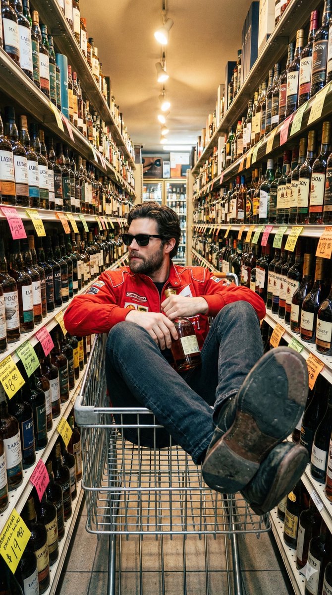 Unfiltered Smartphone Photo of Man in Shopping Cart in Liquor Store — Nano Banana Pro AI Generated Image