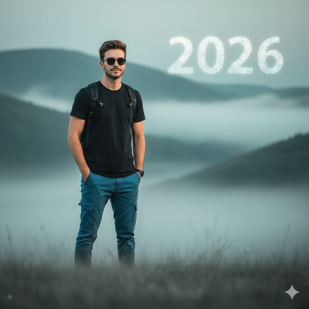 Cinematic Mountain Portrait with Floating Text — Nano Banana Pro AI Generated Image