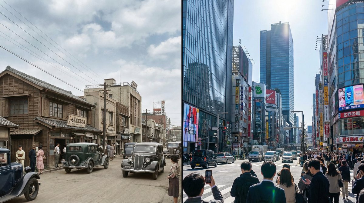 Split-screen time-lapse of same location by coordinates — Nano Banana Pro AI Generated Image