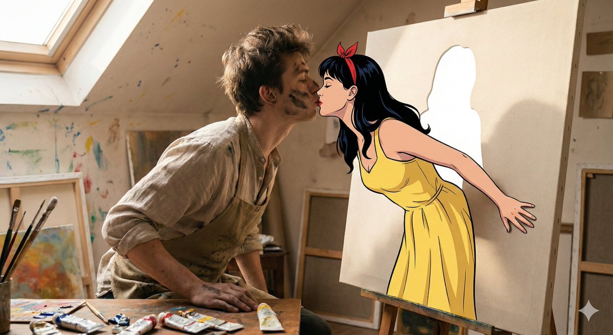 Surreal 2D to 3D Transition Kiss Prompt for Gemini 3 — Nano Banana Pro AI Generated Image