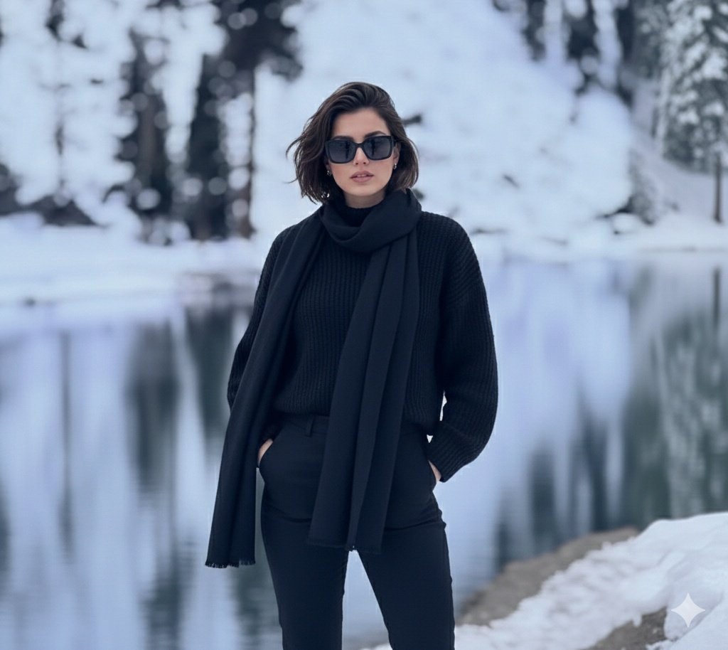 Photorealistic portrait of a stylish woman in a snowy landscape — Nano Banana Pro AI Generated Image