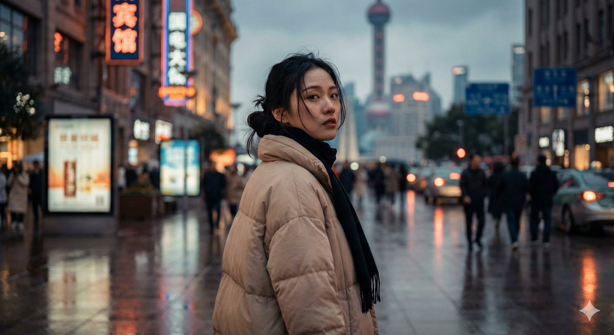 Cinematic Urban Portrait of a Young Woman in Shanghai — Nano Banana Pro AI Generated Image