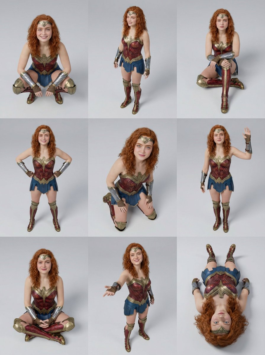 3x3 Character Pose Study Grid (Sadie Sink) — Nano Banana Pro AI Generated Image