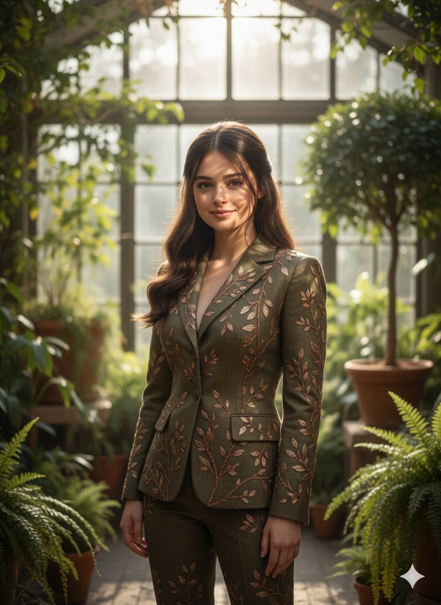 Editorial Fashion Portrait in Indoor Garden — Nano Banana Pro AI Generated Image