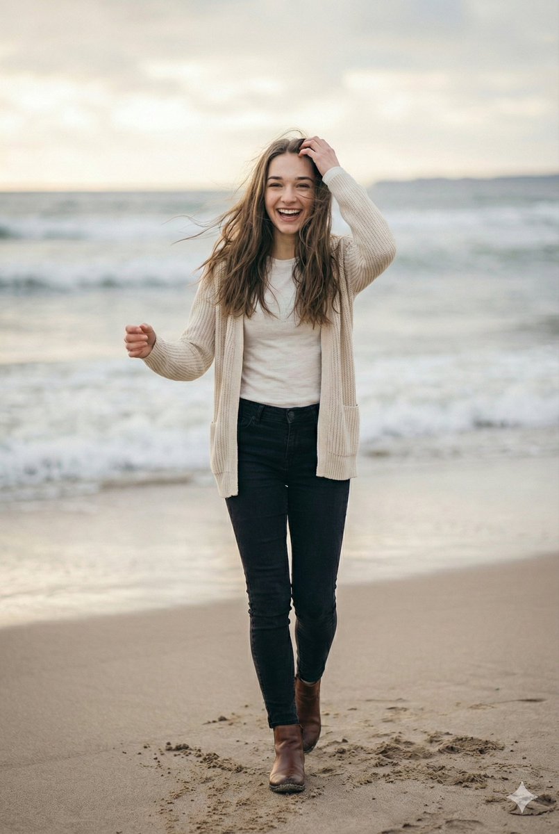 Cinematic Winter Beach Photoshoot — Nano Banana Pro AI Generated Image