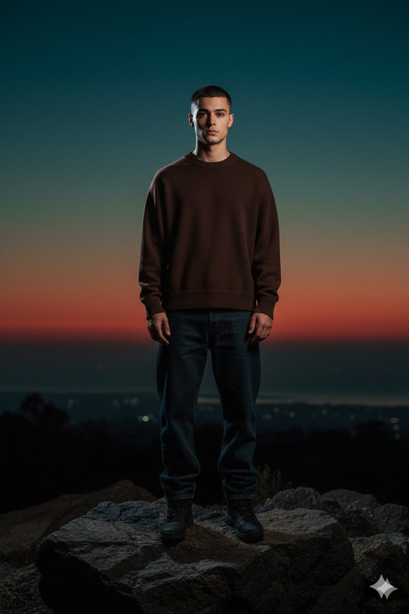 Full-Body Portrait with Frontal Flash at Blue Hour Sunset — Nano Banana Pro AI Generated Image