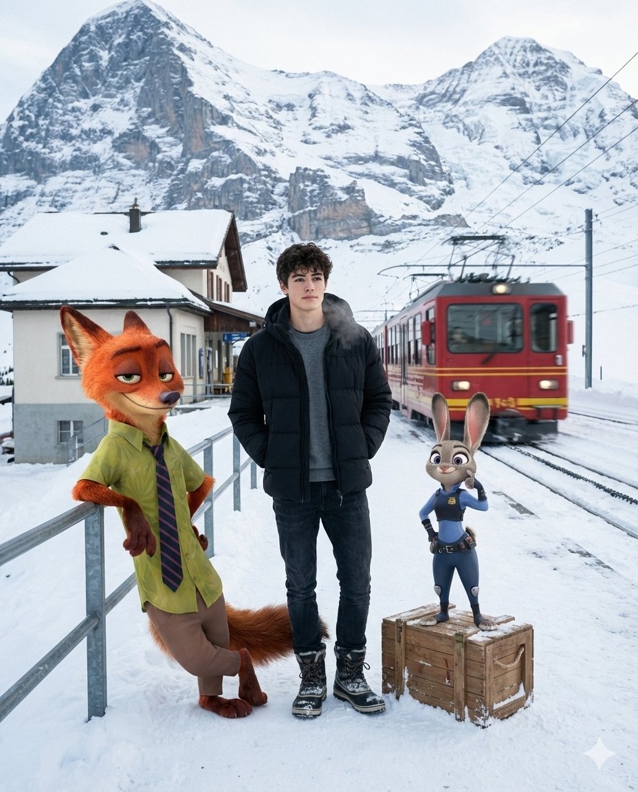 Cinematic Alpine Travel with Zootopia Characters — Nano Banana Pro AI Generated Image