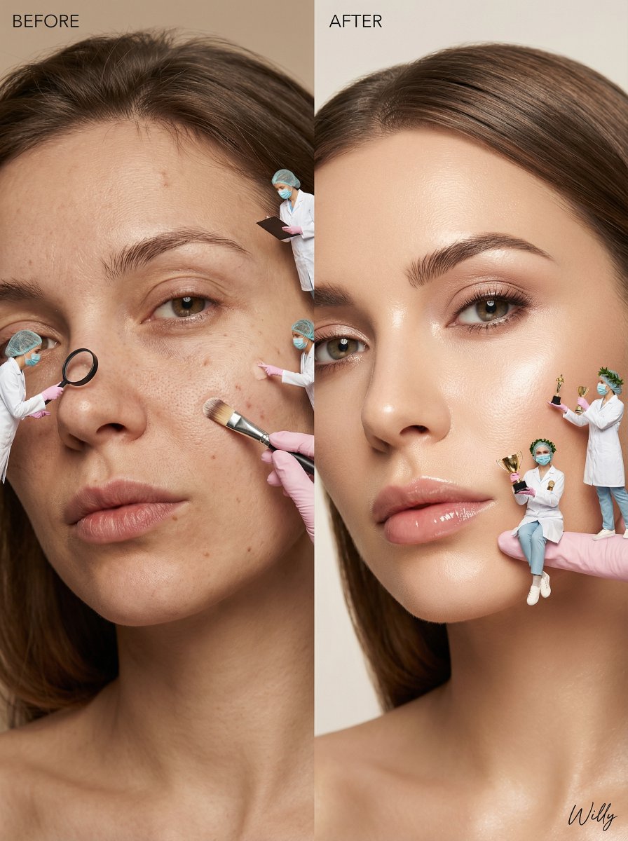 Surreal Skincare Before/After Editorial with Miniature Figures — Nano Banana Pro AI Generated Image