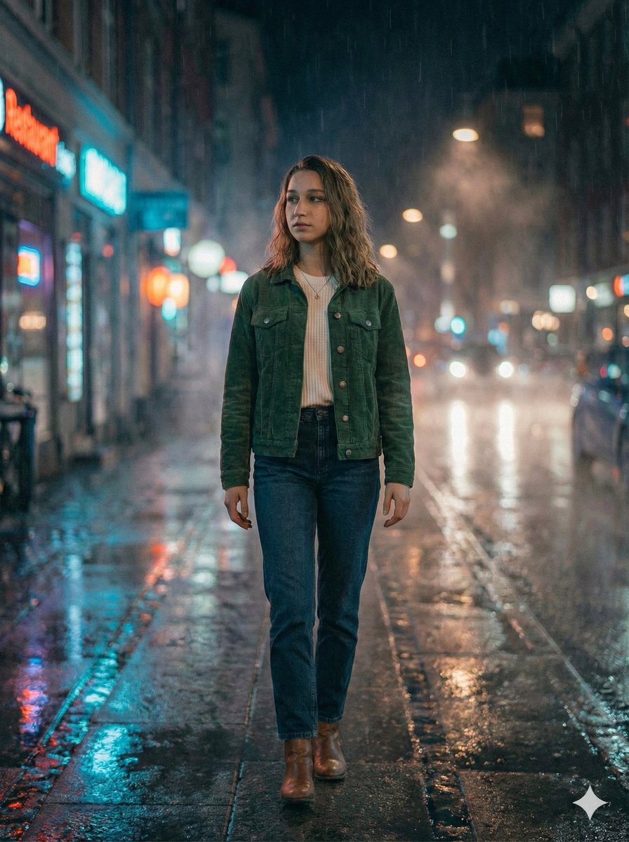 Moody Cinematic Night Rain Portrait (JSON) — Nano Banana Pro AI Generated Image