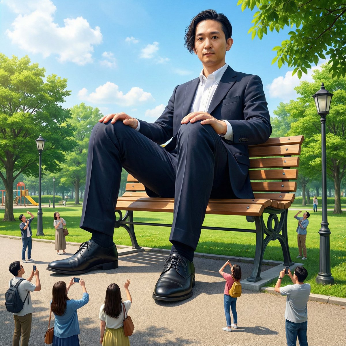 Giant Self on a Bench Prompt — Nano Banana Pro AI Generated Image