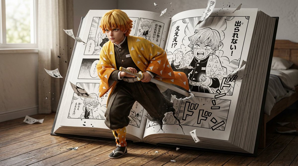 Hyper-realistic crossover image of Zenitsu Agatsuma from Demon Slayer — Nano Banana Pro AI Generated Image