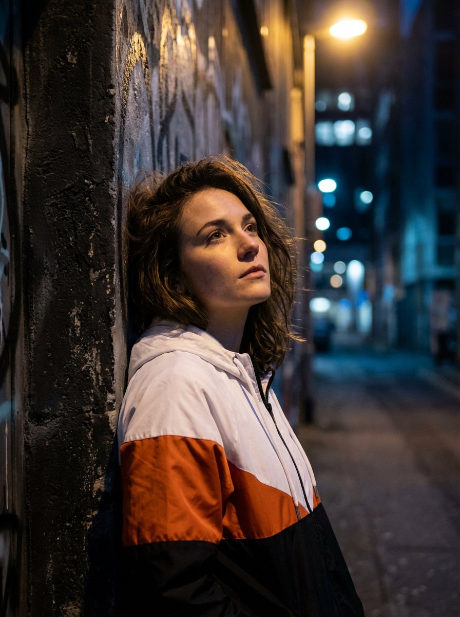 Dramatic Urban Portrait with Overhead Lighting — Nano Banana Pro AI Generated Image