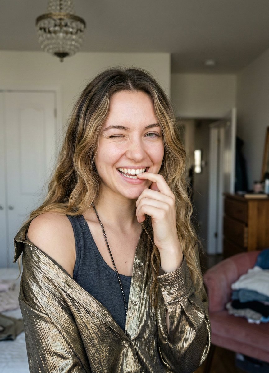 Candid Portrait of Woman Winking and Biting Finger — Nano Banana Pro AI Generated Image