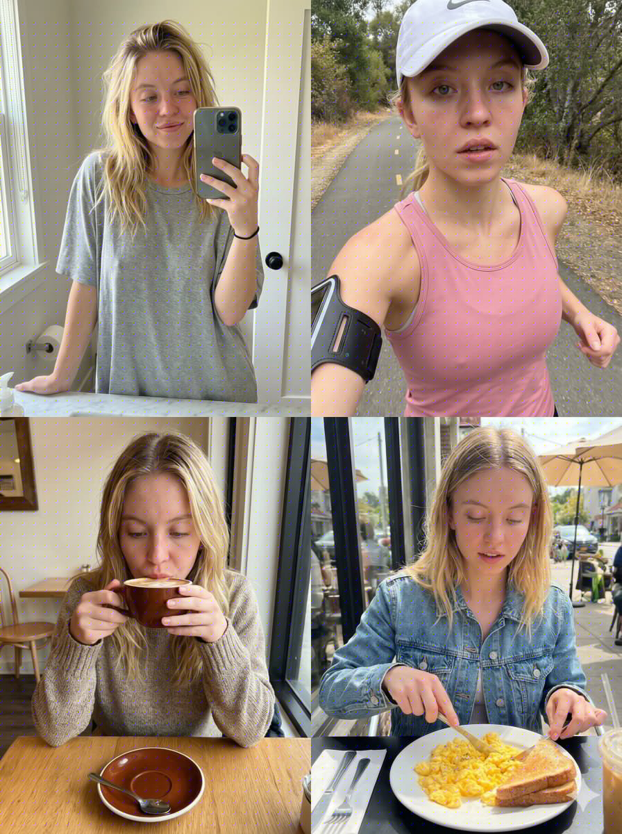 Sydney Sweeney Morning Routine 2x2 Grid Prompt — Nano Banana Pro AI Generated Image