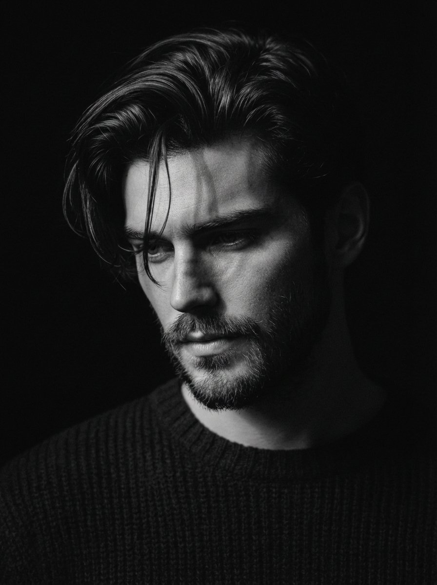 Black and White Pensive Portrait with Single Light Beam — Nano Banana Pro AI Generated Image