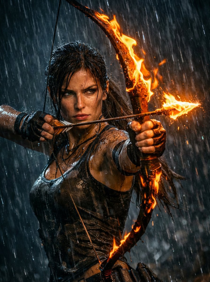 Lara Croft with Fiery Bow in Heavy Downpour — Nano Banana Pro AI Generated Image