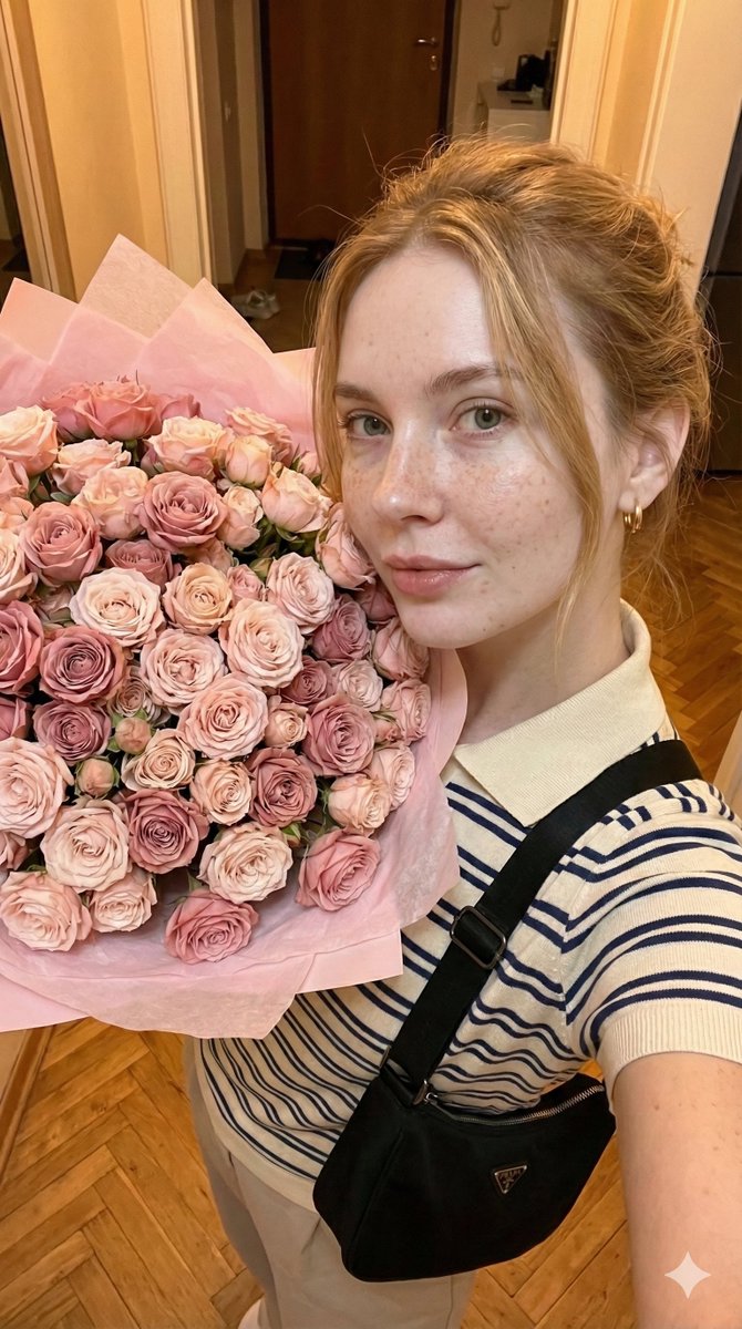 Golden Hour Selfie with Massive Rose Bouquet — Nano Banana Pro AI Generated Image