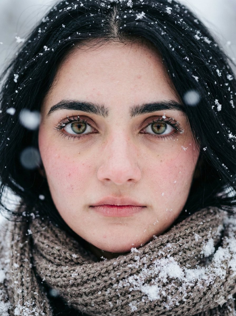 Extreme Close-up Winter Portrait (Rukmini Vasanth) — Nano Banana Pro AI Generated Image
