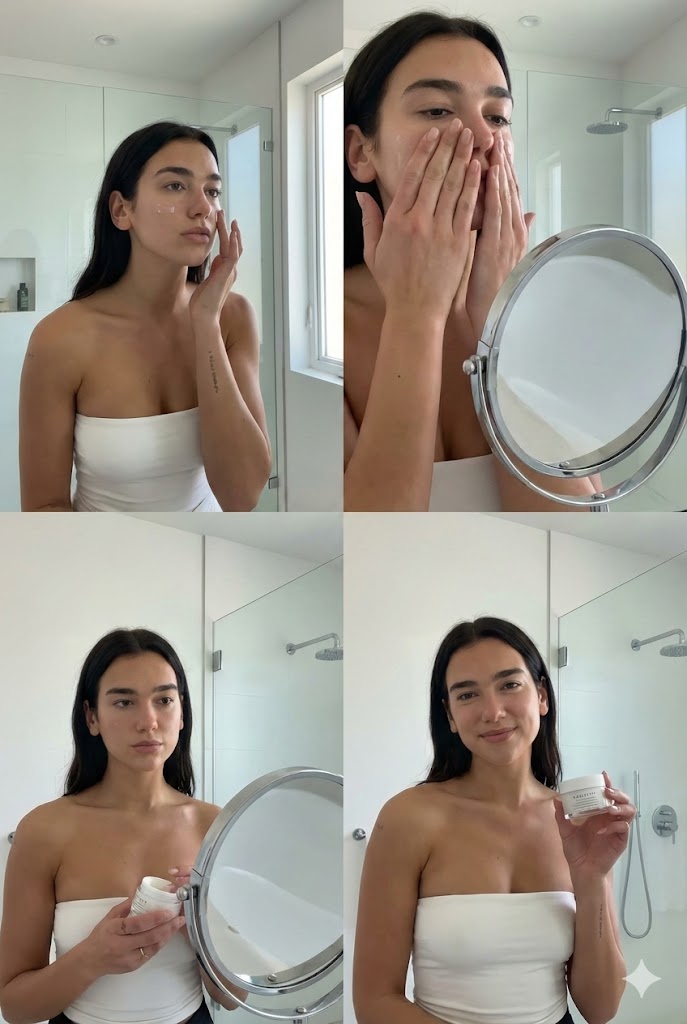 Dua Lipa Skincare Editorial Collage — Nano Banana Pro AI Generated Image