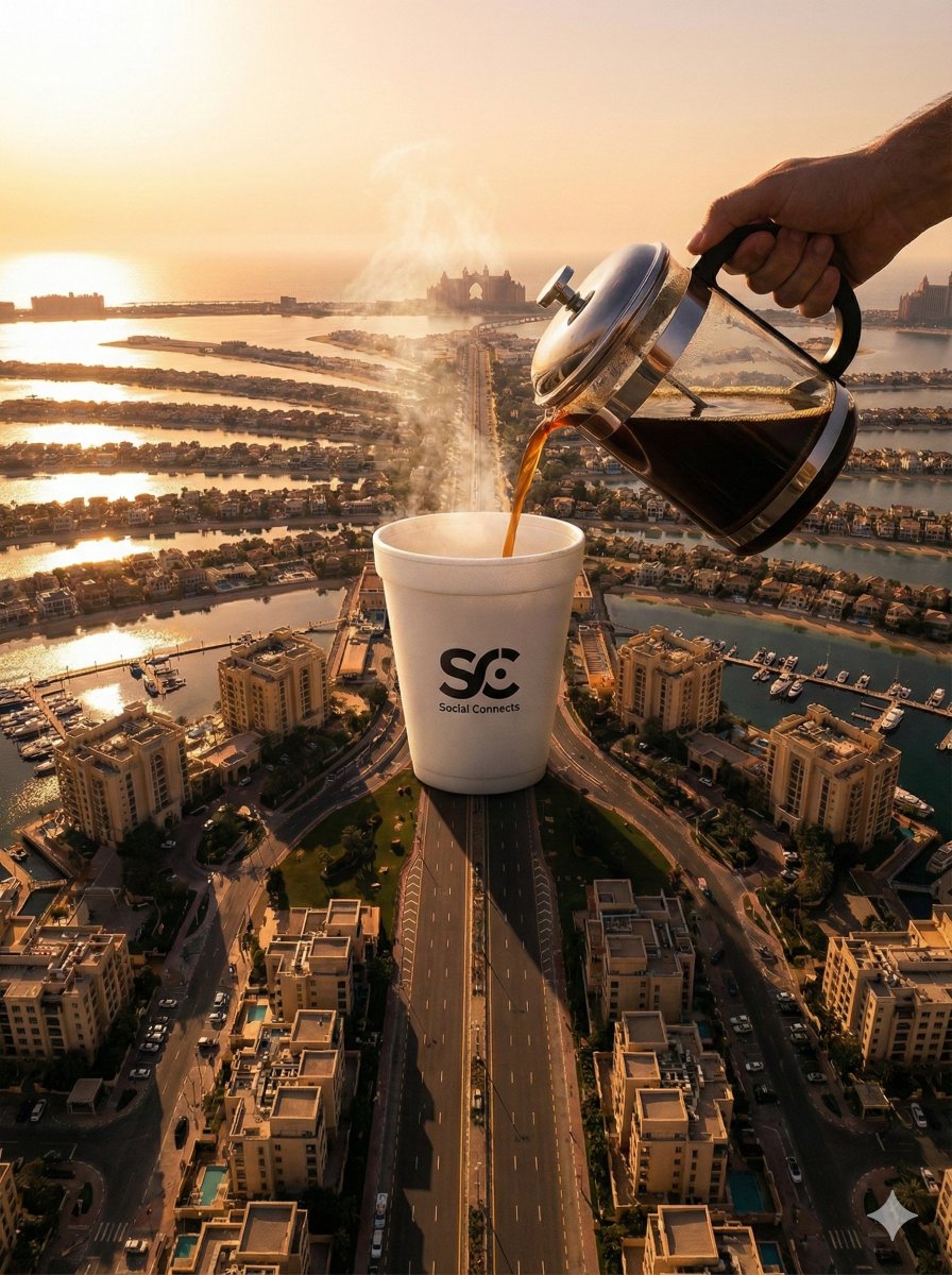 Surreal Aerial View of Giant Coffee Cup on Palm Jumeirah — Nano Banana Pro AI Generated Image