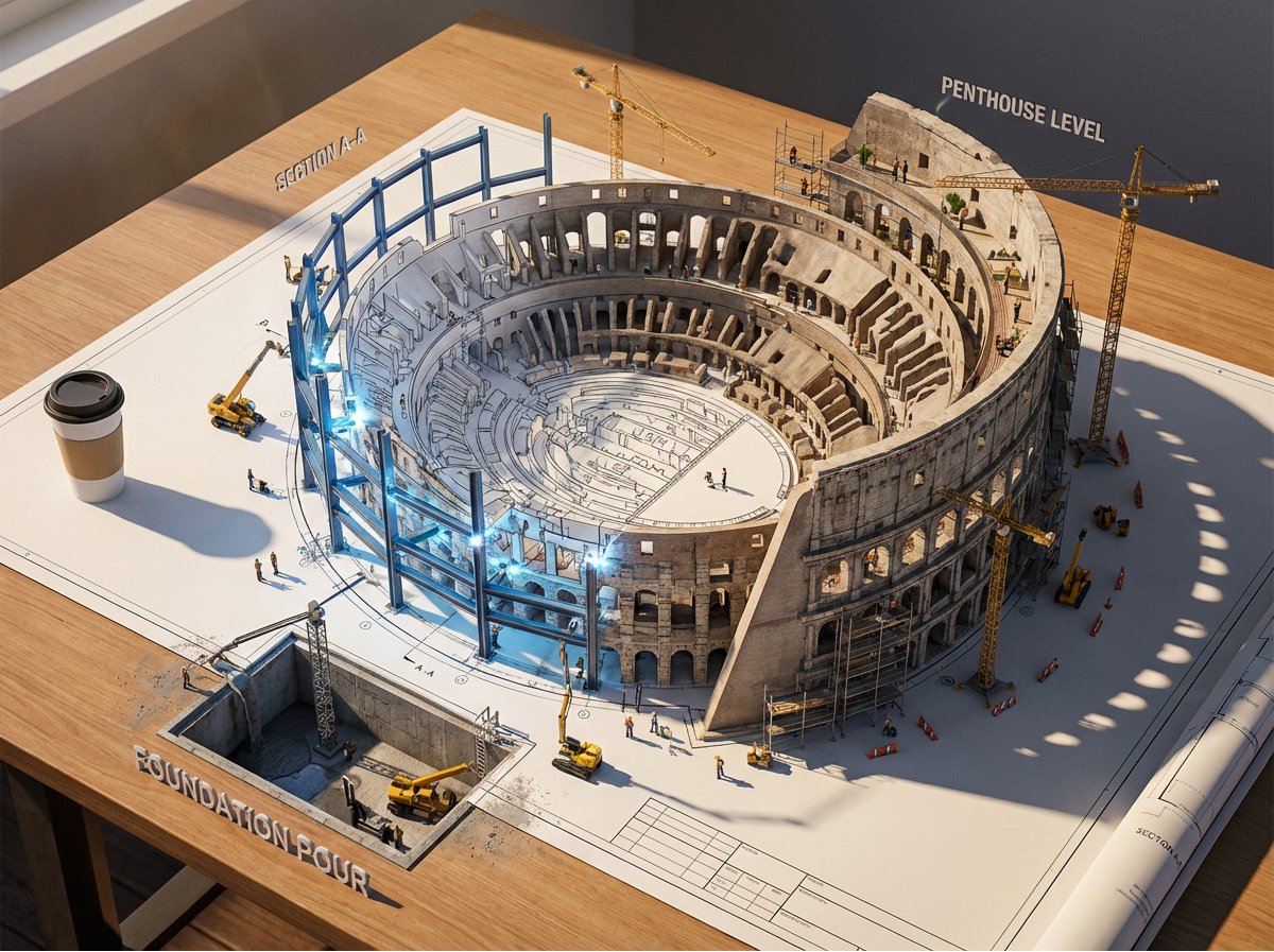 Epic 3D Architectural Blueprint Awakening Scene — Nano Banana Pro AI Generated Image