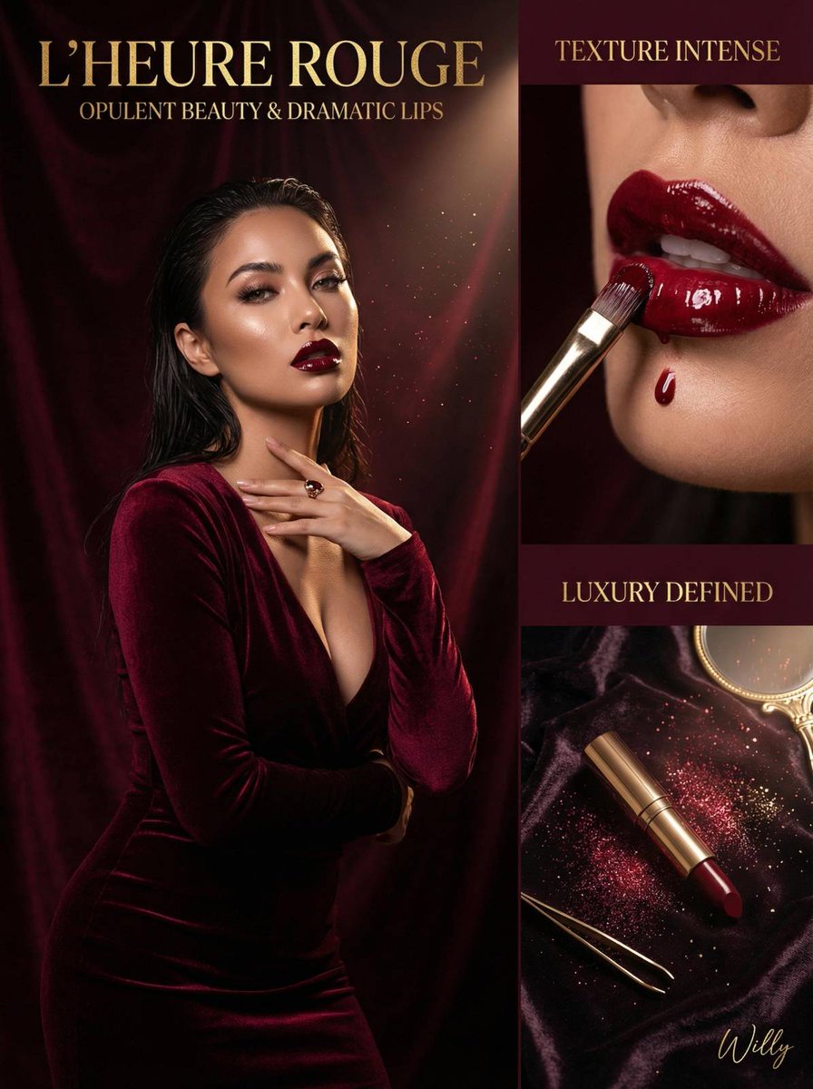 Asymmetrical Dark Luxury Beauty Editorial Spread — Nano Banana Pro AI Generated Image
