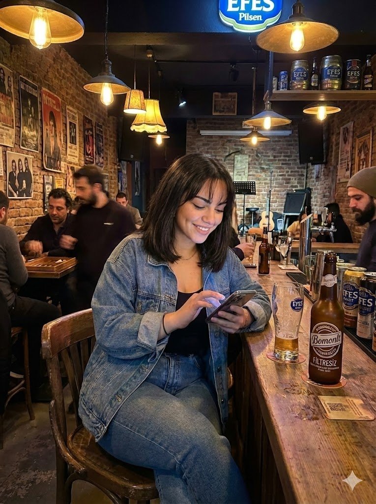 Candid Bar Scene with Phone and Beer Details — Nano Banana Pro AI Generated Image