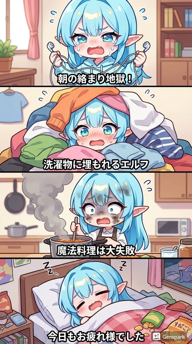 Four-panel comic about a clumsy elf — Nano Banana Pro AI Generated Image