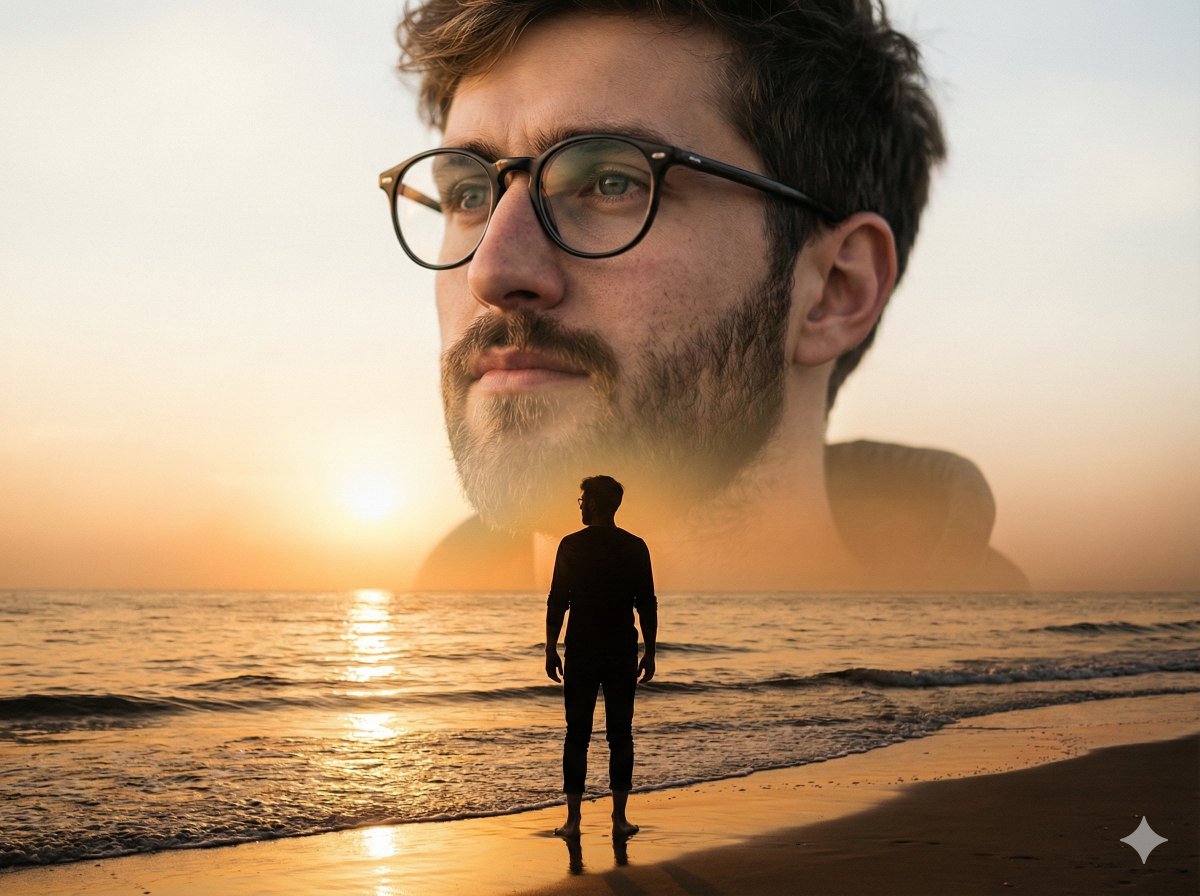 Cinematic Double-Exposure Beach Portrait — Nano Banana Pro AI Generated Image