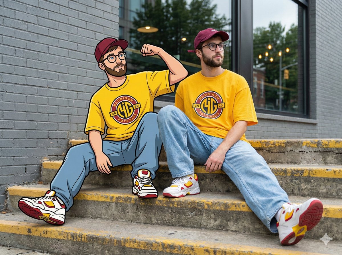 Mixed-Reality Street Portrait (Real Person with Cartoon Twin) — Nano Banana Pro AI Generated Image