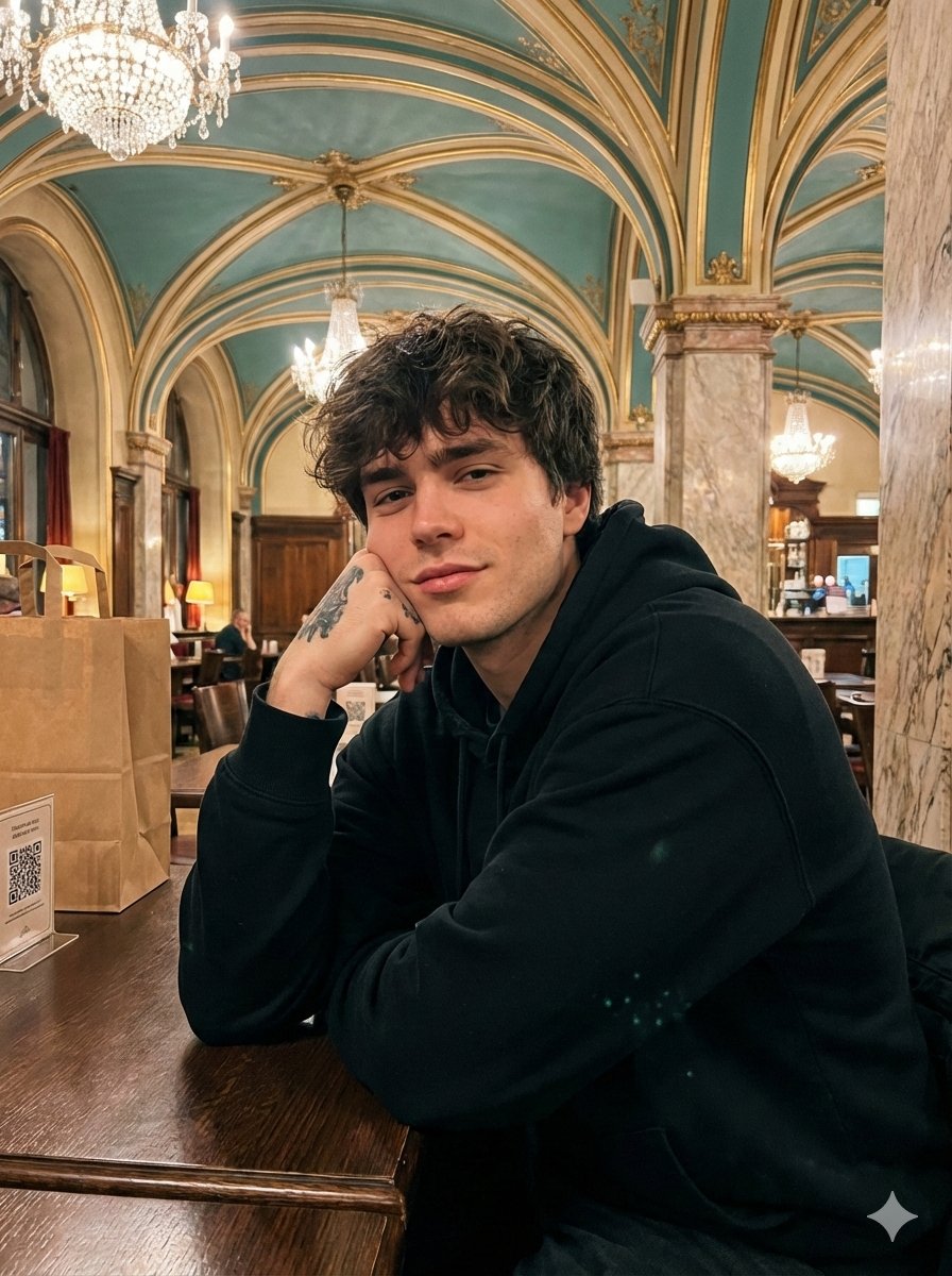 Opulent Café Portrait with Voluminous Hair — Nano Banana Pro AI Generated Image