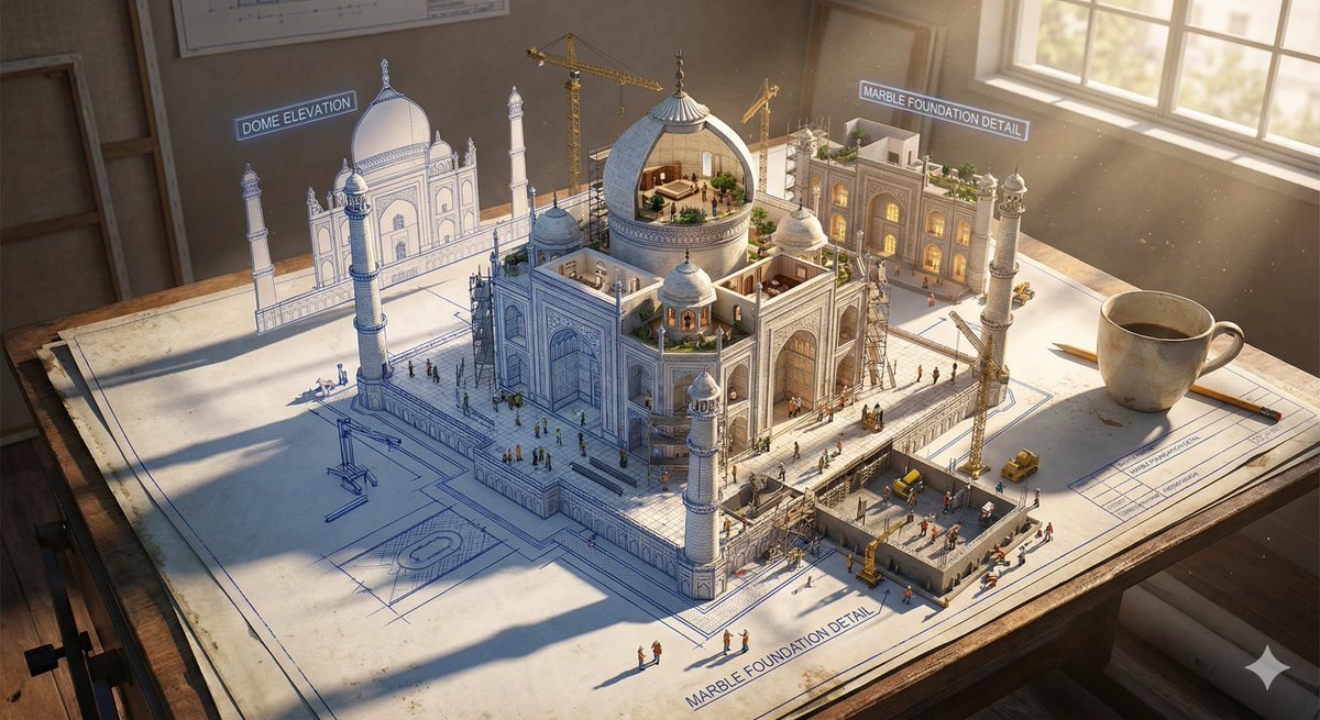 Epic 3D Architectural Blueprint Construction Scene — Nano Banana Pro AI Generated Image