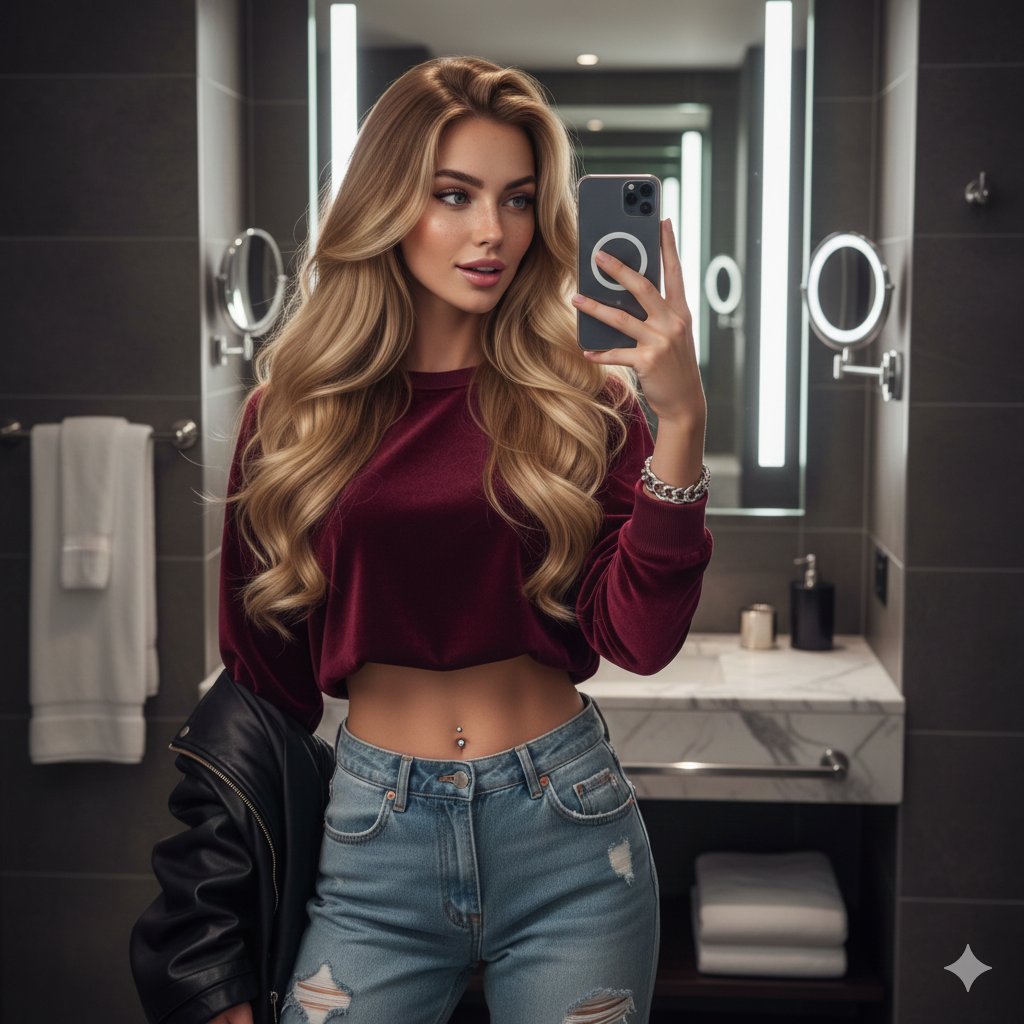 Hyper-detailed mirror selfie of a young woman in luxury bathroom — Nano Banana Pro AI Generated Image
