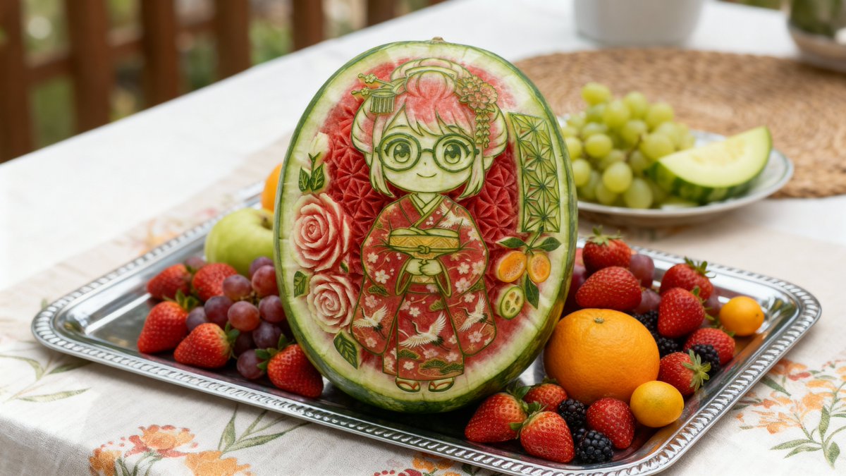 Photorealistic Watermelon Carving of an Original Character (OC) — Nano Banana Pro AI Generated Image